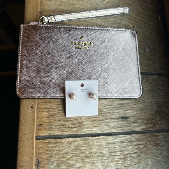 kate spade Handbags - kate spade metallic rose clutch wristlet and Pearl Earrings Bundle NWT